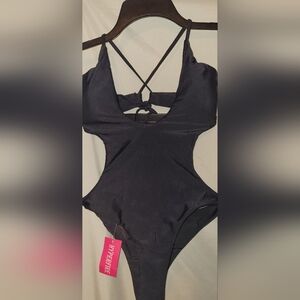Hyperfire, Sexy Black One-Piece Cutout Swimsuit With Strappy Back, Medium